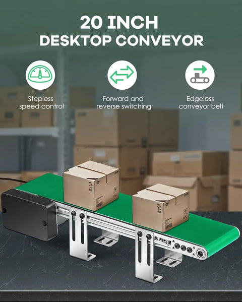 20 Inch desktop belt conveyor with PVC belt, reverse switch, and stepless speed control for packaging and production line use.
