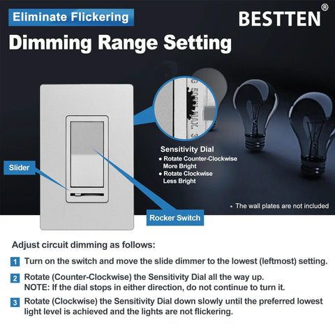 Matte Silver Dimmer Switch Kit, 10 Pack, Single Pole Or 3 Way, Dimmable LED CFL Incandescent And Halogen Ready, LED Slide Dimmer Wall Switch, 120VAC, UL Listed, Easy Install And Smooth Dimming, showing dimming range setting details.