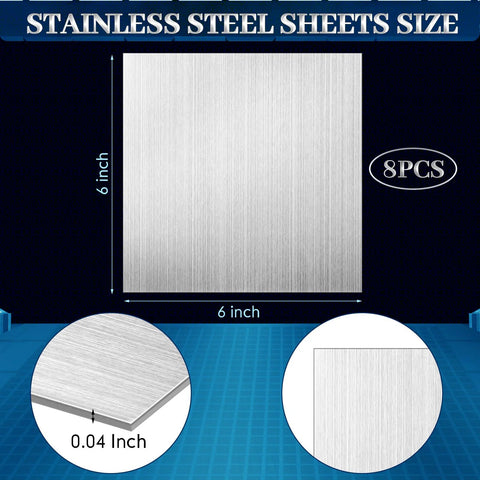 Front view: stainless steel sheet, 6x6 inches, brushed finish, 0.04 in thick; set of 8.