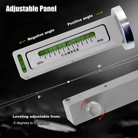 Universal Magnetic Camber Gauge For Dead Center Alignment And Sick Ride Stance Featuring Ballistic Magnet Grip On Cast Hubs For No Sweat Track Prep And Street Ready Driving with adjustable panel viewing angles.