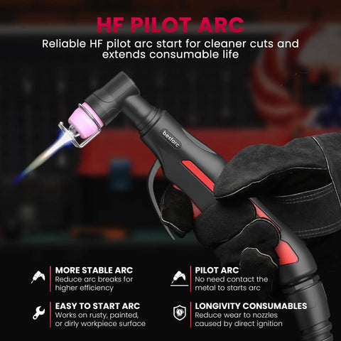 HF pilot arc for 55A Dual Voltage Plasma Cutter With Pilot Arc, 110 220V, Five Eighth Inch Clean Cut, Three Quarter Inch Max Cut
