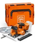 Built Tough Cordless Circular Saw For Zero Sweat Cold Cutting Sheet Metal And Pipe No Spark Action with carrying case and accessories.