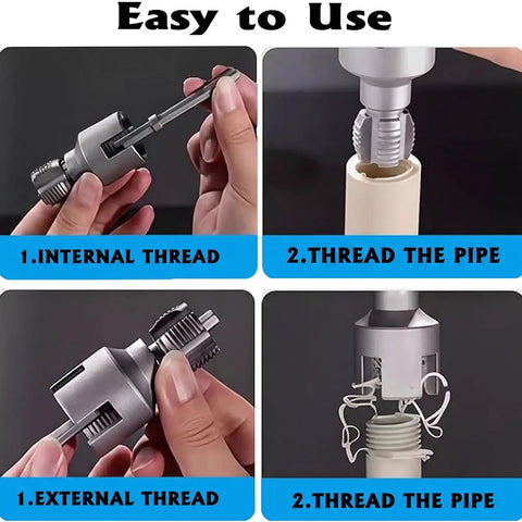 Tepvoker Pvc Pipe Threader Kit With Internal And External Threading Dies For 1/2 Inch 3/4 And 1 Inch Npt Plumbing Projects showing setup steps.
