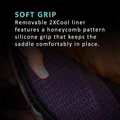 Close-up of 2XCool Dressage Girth With Removable Cooling Liner showing honeycomb silicone grip and quick dry wicking tech.