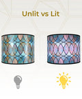 Dope Handmade Drum Lamp Shade 14 Inch Shallow Style In Cool Hues Made In USA Brass Spider Fitter 9 Inch Height Unlit vs Lit