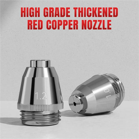 High-grade thickened red copper nozzles from the Top Grade 50 Pcs Ag60 Plasma Cutter Consumables Kit for smooth cutting.