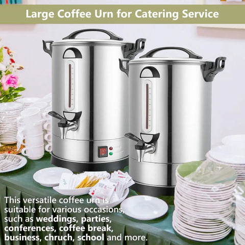 Heavy Duty 24L Stainless Steel Coffee Urn Dispenser Holds 160 Cups Dual Layer Warmer on catering table setup