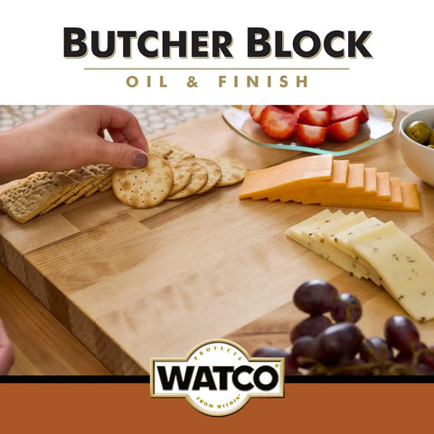 Straight Up Food Safe Butcher Block Oil And Clear Wood Finish That Offers Rapid Cure Time And Kitchen Ready Shield For Cutting Boards with crackers and cheese on a wooden board.