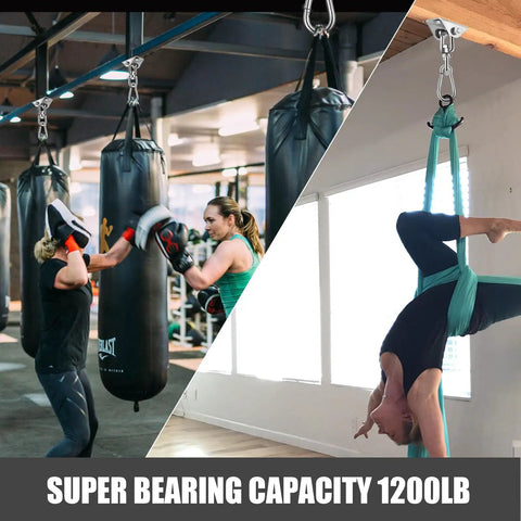 Beefy 360 Degree Swivel Hammock Hanging Kit With Stainless Steel Hooks, 1200 Lb Capacity, used for hanging heavy bags and yoga swings.