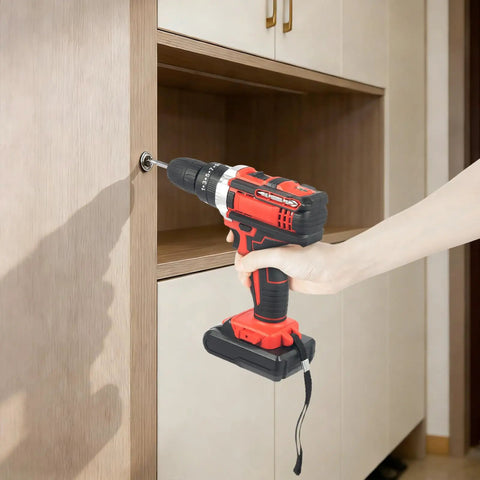 No Fuss Cordless Drill Set Heavy Lifter Handheld Power Tool With All Day Battery Pack Ready To Roll For Tough Tasks Without Overheating Problems In Sleek Red Finish, drilling into cabinet.