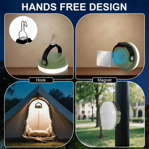 Rechargeable Camping Light Lantern With Six Modes And Three Color Temps showing hook and magnet use in outdoor settings