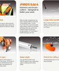 Features of 40cc Gas Powered Beast Of A Brush Cutter With 4 Cycle Engine, showing harness, handle, steel shaft, and cutting surface.