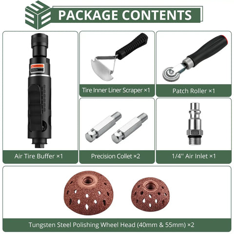 Shop Ready Heavy Duty Air Tire Buffer Kit Includes 2500 Rpm Pneumatic Grinder Package contents with tools and accessories.