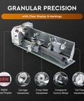 CREWORKS 9 X 30 Mini Metal Lathe Machine With LCD Display showcasing digital speed display and various handwheels for precision turning.