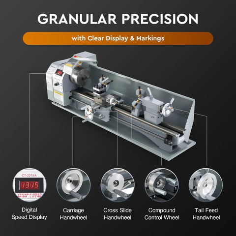 CREWORKS 9 X 30 Mini Metal Lathe Machine With LCD Display showcasing digital speed display and various handwheels for precision turning.