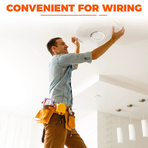 Person installing light fixture using 84 Piece Lever Wire Connector Kit For Quick Connects Reusable Compact Splicing For 28 12 AWG Wiring