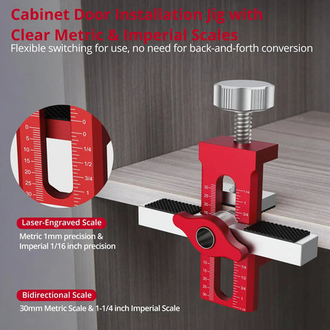 Adjustable Cabinet Door Installation Jig Featuring Dual Imperial And Metric Markings, showing clear scales for precision use.