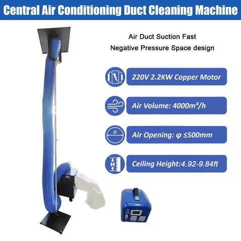 Heavy Duty Industrial Air Duct Dust Busting Cleaner For Commercial Central HVAC Systems With 4000 Cubic Meters Per Hour Suction 16.4 Ft Duct Length And 4.9 To 9.8 Ft Ceiling Height Built For Warehouses And Workshops, blue duct cleaner with 2.2kW copper motor