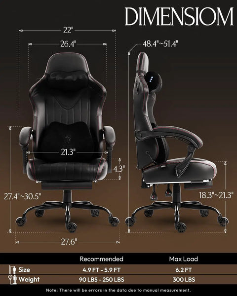 Gaming Chair With Shiatsu Neck Massage And Lumbar Support, High Back Ergonomic Recliner; dimensions and size guide shown.