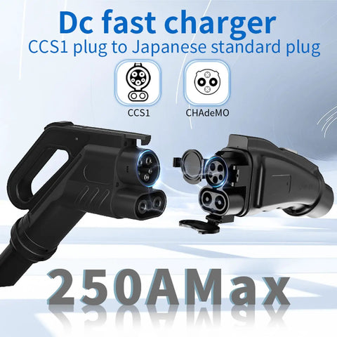Ccs To Chademo Ev Charger Adapter Dc Fast Charge Station showing CCS1 and CHAdeMO plugs, rated 250 Amps for robust usage.