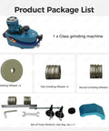 Heavy-Duty Glass Edge Polisher and Beveller with 10 Wheels for Killer Bevels on Marble Tile Ceramic or Acrylic using 800W Motor and 8000 RPM for Smooth Operation in Straight or Round Profiles as Your New Shop Command Center - product package list with glass grinding machine and various wheels.