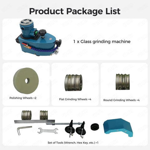 Heavy-Duty Glass Edge Polisher and Beveller with 10 Wheels for Killer Bevels on Marble Tile Ceramic or Acrylic using 800W Motor and 8000 RPM for Smooth Operation in Straight or Round Profiles as Your New Shop Command Center - product package list with glass grinding machine and various wheels.