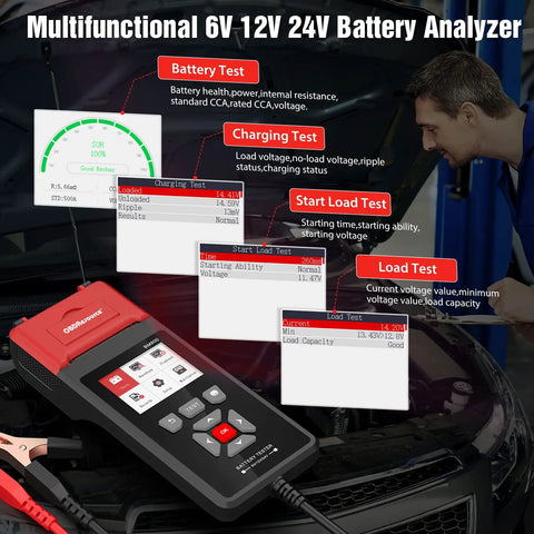 Car Battery Tester With Printer For 6V 12V And 24V Systems, A Handy Load Tester For Everyday Drivers That Quickly Checks Cranking Current, Internal Resistance, Battery Health And Overall Life, With Real Printouts. Handheld black plastic automotive diagnostic tool with printer.