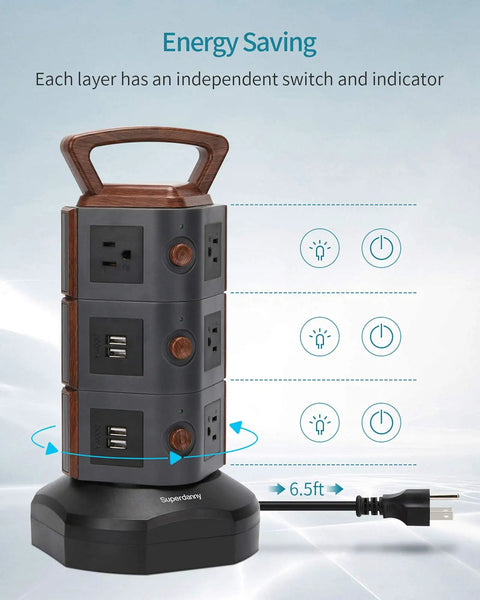 Vertical Power Strip Tower With 10 Outlets And 4 USB Ports, Retractable 6.5ft Cord, Wood Grain Desk Charger, Energy Saving Features