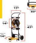 Heavy Duty 300 Lb Hand Truck That Converts To A 5 In 1 Mobile Workshop With Built In 3 Speed Fan And LED Light, front view with dimensions