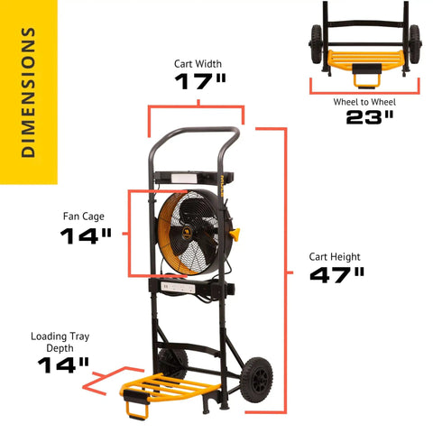 Heavy Duty 300 Lb Hand Truck That Converts To A 5 In 1 Mobile Workshop With Built In 3 Speed Fan And LED Light, front view with dimensions