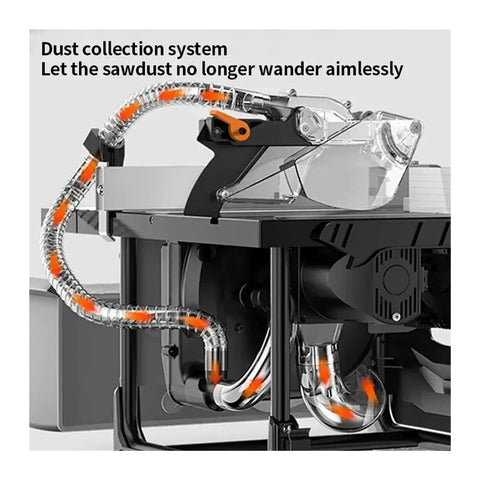 Dust Free Sliding Table Saw Station With A Knockout 2000W Motor Dust collection system details for clean woodworking.