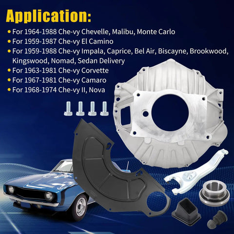 Beefed Up Bell Housing Kit With 11 Inch Clutch Fork Throwout Bearing And Cover For Chevy Camaro Chevelle Malibu Monte Carlo Corvette Caprice Bel Air Biscayne 1959 To 1988 Fits SBC BBC cast aluminum kit
