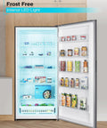 Inside view of 21.2 Cu Ft Convertible Upright Freezer And Refrigerator With Glass Shelves And Reversible Door Stainless Look, featuring organized food.