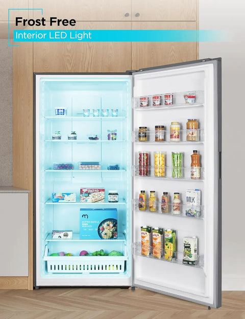 Inside view of 21.2 Cu Ft Convertible Upright Freezer And Refrigerator With Glass Shelves And Reversible Door Stainless Look, featuring organized food.