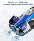 Back view of Ultra Fast 2.4G RC Boat With Dual Motors And Propellers, 30 KMH Racing Power, in water, showing propellers in action