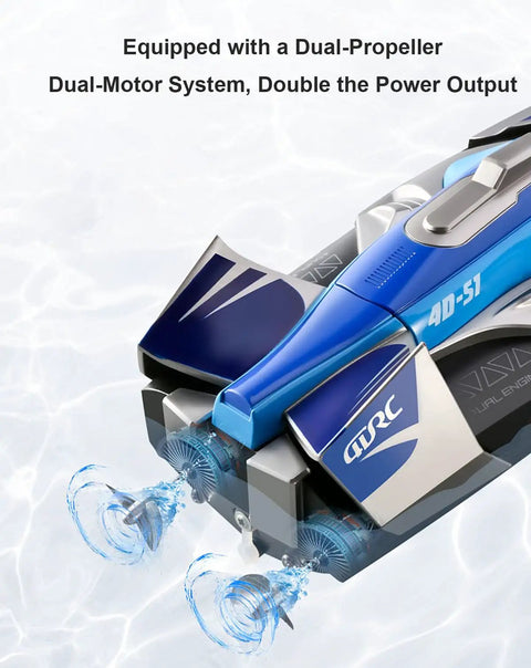 Back view of Ultra Fast 2.4G RC Boat With Dual Motors And Propellers, 30 KMH Racing Power, in water, showing propellers in action