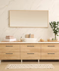 Vanity with Matte Black 10 Inch Square Cabinet Pulls, 12-1/2 Inch drawers, modern bathroom setting, five-pack handles installed.