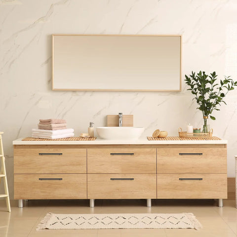 Vanity with Matte Black 10 Inch Square Cabinet Pulls, 12-1/2 Inch drawers, modern bathroom setting, five-pack handles installed.