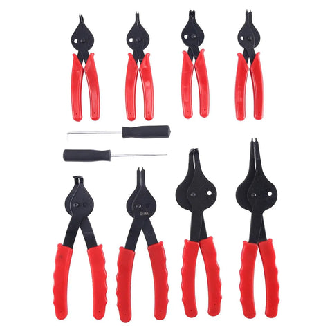 10 Piece Snap Ring Pliers Set For Internal And External Circlip Pliers Retaining Ring Pliers Quick Conversion Thumbscrew With Pivoting Jaws Pro Grade Heavy Duty Tool Kit For Cars Trucks Motorcycles And More shown with red handles