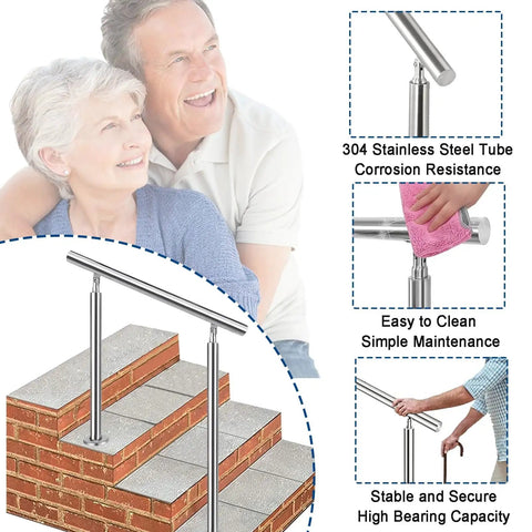 Dang Solid Two Tier Outdoor Stainless Steel Railing For Front Porch And Patio Steps With Secure Floor Mount Base, 304 stainless steel, easy to clean.