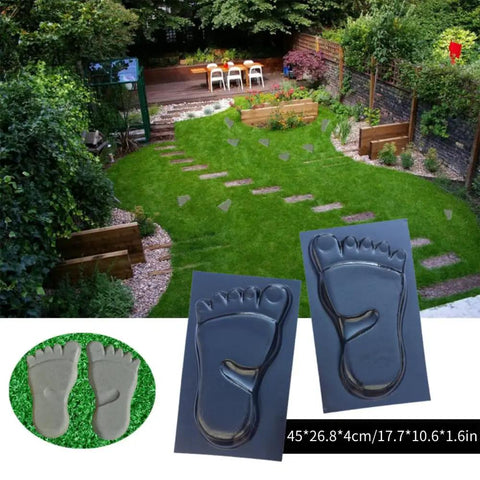 DIY Footprint Stepping Stone Template Kit Two Piece Cement Paving Mold For Garden And Patio Easy Concrete Casting To Create Unique Footprint Walkways Yard Path Decor, showing footprint molds with garden path in background.