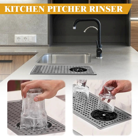 Automatic Pitcher Rinser and Bar Glass Rinser for Bar and Kitchen, Stainless Steel Espresso Rinser on countertop in use, silver