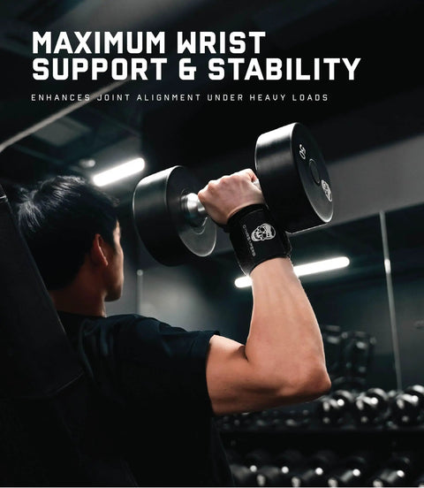 Man lifting dumbbells wearing Competition Grade 18 Inch Weightlifting Wrist Wraps With Heavy Duty Thumb Loop For Powerlifting And Strength Training Built For Pros IPF Approved Wrist Support For Bodybuilding Black