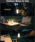 106 LED Camping Lantern With 5000mAh Battery used handheld, on table, and hanging, showcasing versatility in various outdoor settings.