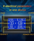6 In 1 Beefy Digital Meter For AC Power 80 To 260V 100A LCD Display Real Power Only Energy Frequency Power Factor With 100A Split Core Current Transformer Included showing parameters on screen