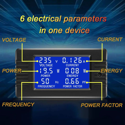 6 In 1 Beefy Digital Meter For AC Power 80 To 260V 100A LCD Display Real Power Only Energy Frequency Power Factor With 100A Split Core Current Transformer Included showing parameters on screen