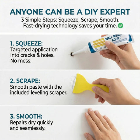 Step-by-step use of Drywall Patch Repair Kit For Nail Holes And Cracks With Odorless Quick Drying Putty Non Shrinking Wall Paste Scraper And Nozzle Easy Doorknob Dent Fix DIY Home Repair Must Have 1 Set.
