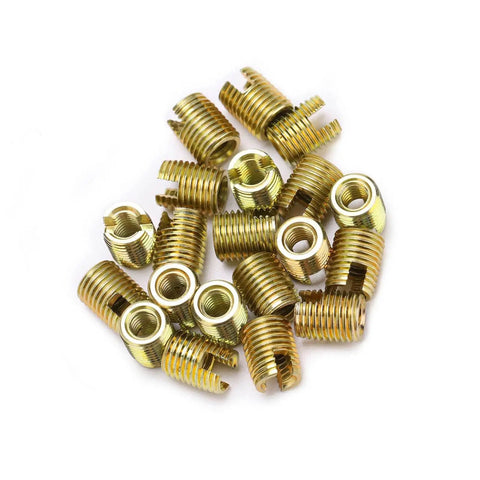 Heavy Duty 20 Piece Self Tapping Thread Inserts With Inner M12 1.75 And Outer M16 1.5 Made From Tough 302 Carbon Steel, yellow metal inserts.