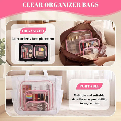 Top Shelf 12 Pack Clear Zipper Cases With 40 Label Stickers Stackable Travel Storage System Crush Resistant Pouches For Makeup Electronics Gear Pink Setup in travel bags.