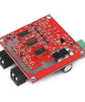Dual H Bridge DC Motor Driver For Two Motors, PWM Speed Controller 6.5V To 27V module, red board with components, front view.